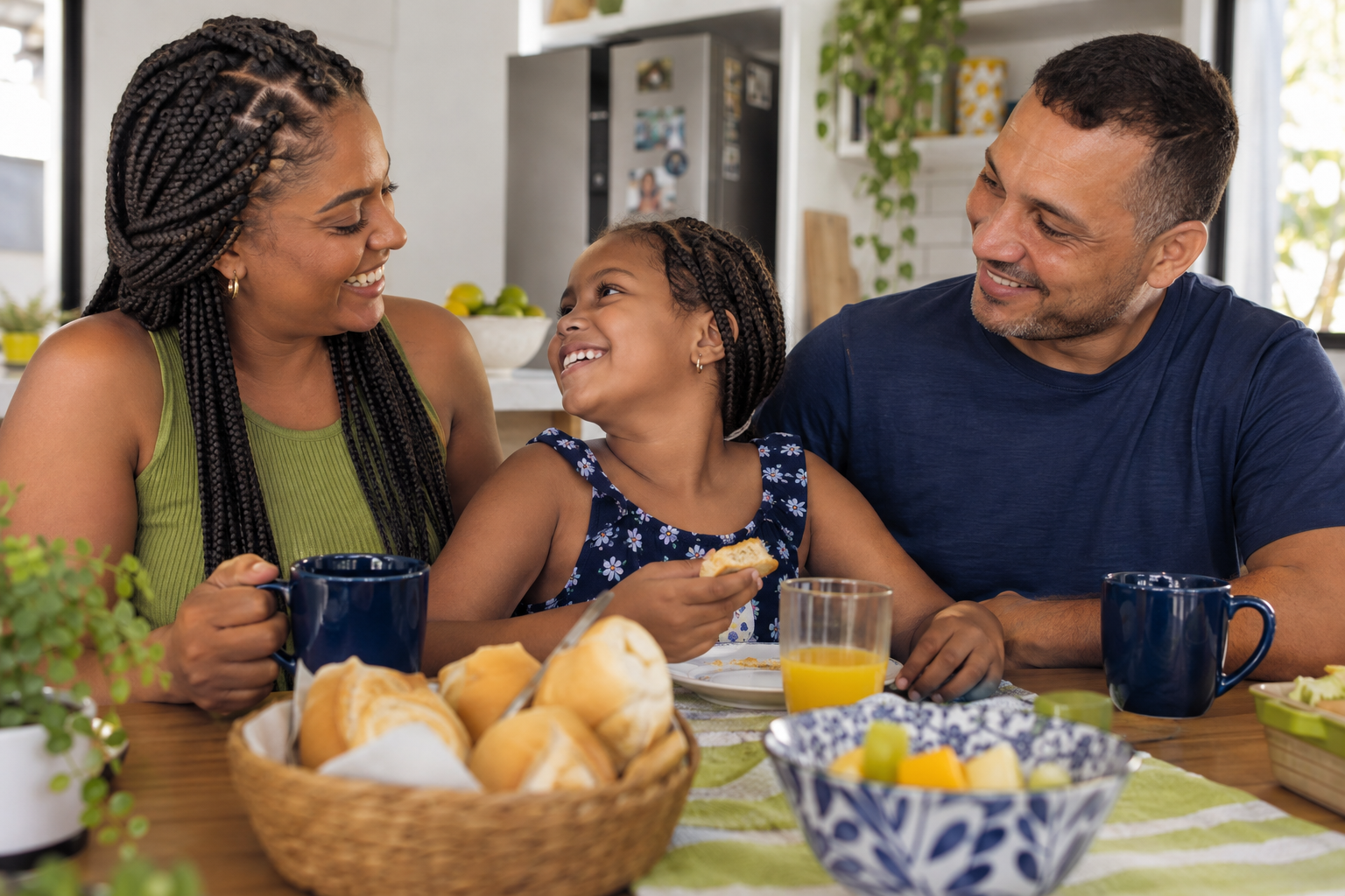 Família compartilhando um momento tranquilo à mesa de casa