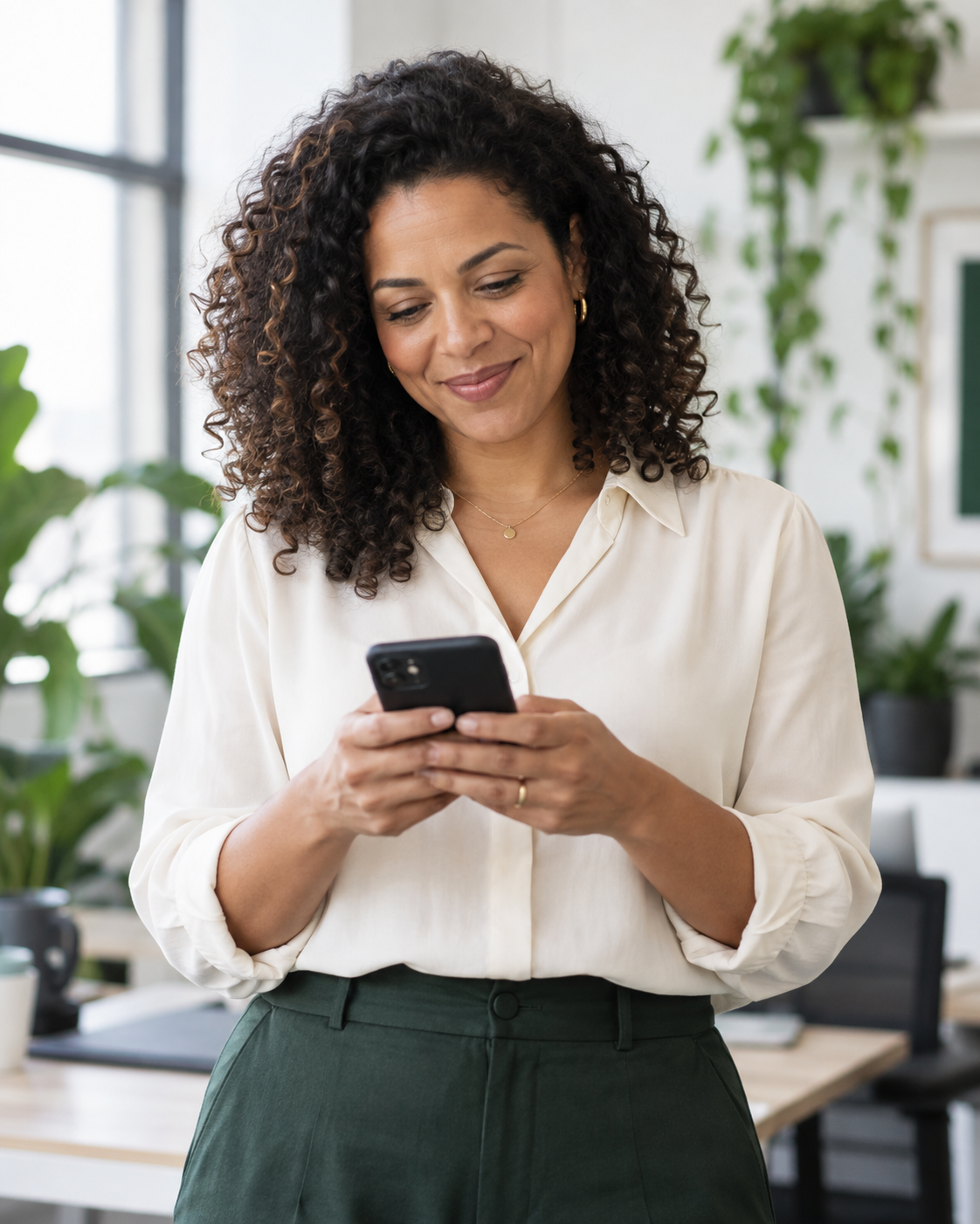 Mulher usando o celular em um ambiente de trabalho iluminado